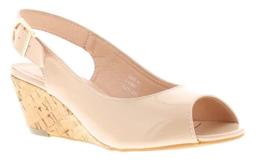 Ladies peep toe wedge heels with an adjustable buckle fastening.