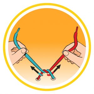 Two laces being tied in a simple knot. Step 3