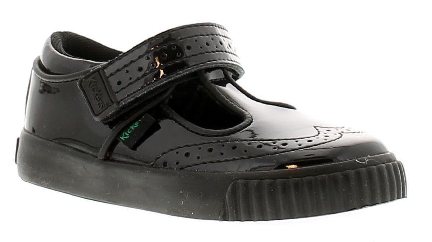 Kickers Tovni Brogue T Bar Black Patent Girls Shoes Wynsors