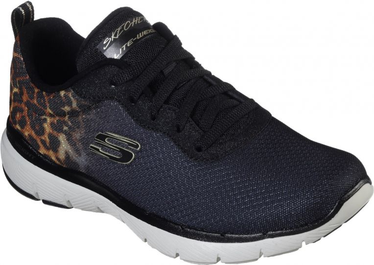 Skechers Flex Appeal 3.0 Leo Black Gold Womens Trainers Wynsors